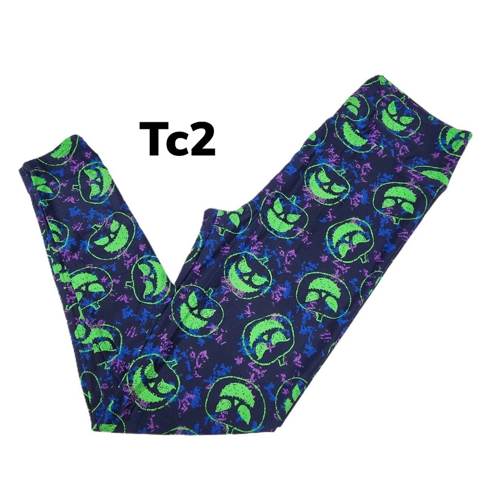 Tc2 LuLaRoe Leggings Halloween Neon Green Pumpkins Blue Purple Black Fits 18/24